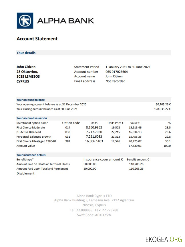 Relevé de Chypre Alpha Bank modèle facile à remplir au format Excel et PDF
